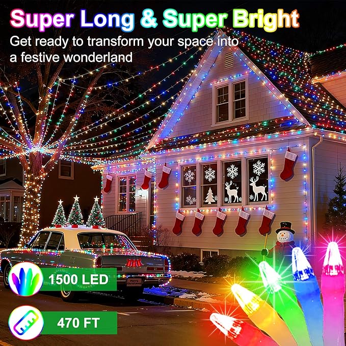 1500 LED 470FT Christmas String Lights, 12 Modes and Timer Memory Dimmable, Plug in Outdoor Waterproof Clear Wire Twinkle Fairy Light for for Xmas Yard Tree Wedding Party Outside Decor (Multicolor)