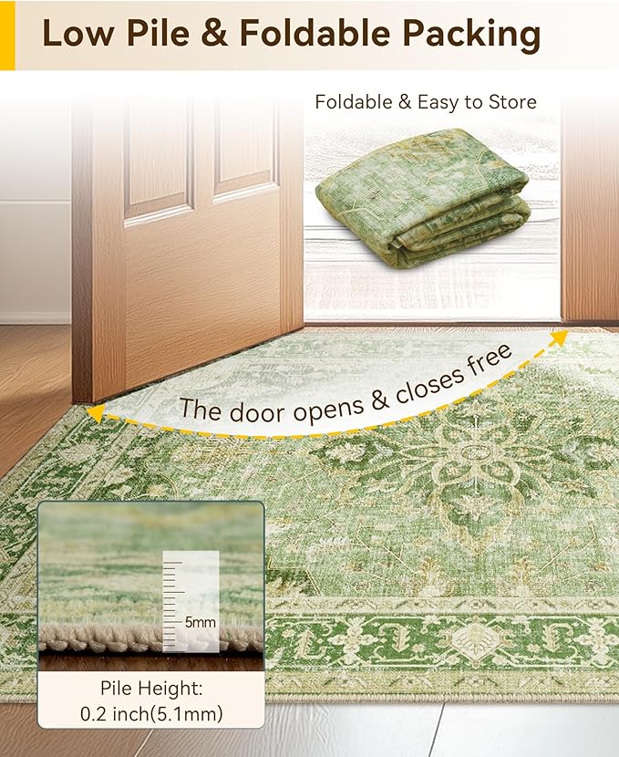 Area Rugs 4ft Washable Non-Slip, Floral Vintage Distress Print Pattern Medallion Carpet for Living Room Bedroom Dining Room, Sage Green Yellow