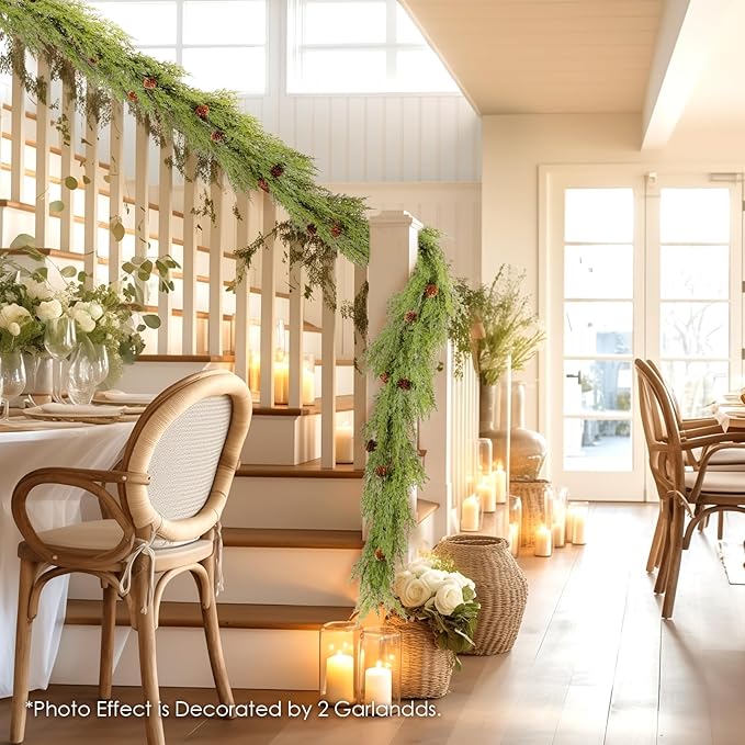 WBHome Real Touch Cypress Cedar & Pine Cone Evergreen Garland for Christmas Holiday Seasonal Outdoor/Indoor Home Decor, 9FT Long