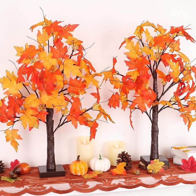 2 Pack 24 Inch Artificial Lighted Fall Maple Tree Thanksgiving Decorations with 48 LEDs Battery Operated Timer Prelit Acorn Maple Tree Lights for Thanksgiving Table Decor Home Indoor Autumn Harvest
