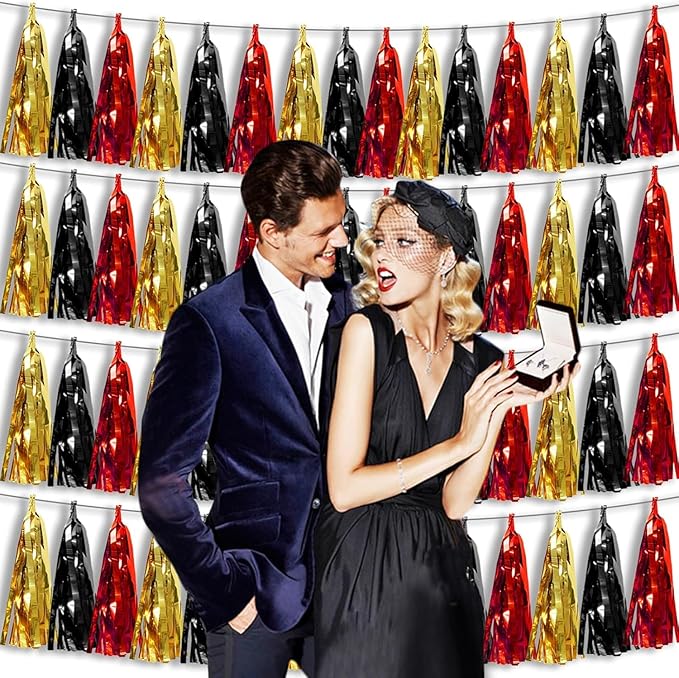 4P Red-Black Gold Foil Fringe Tassel Banner Garland Metallic Tinsel Streamers Wall Hanging Curtain Backdrop Banners for Parade Floats, 2025 Graduation Decorations, Baby Bridal Shower Party Decoration