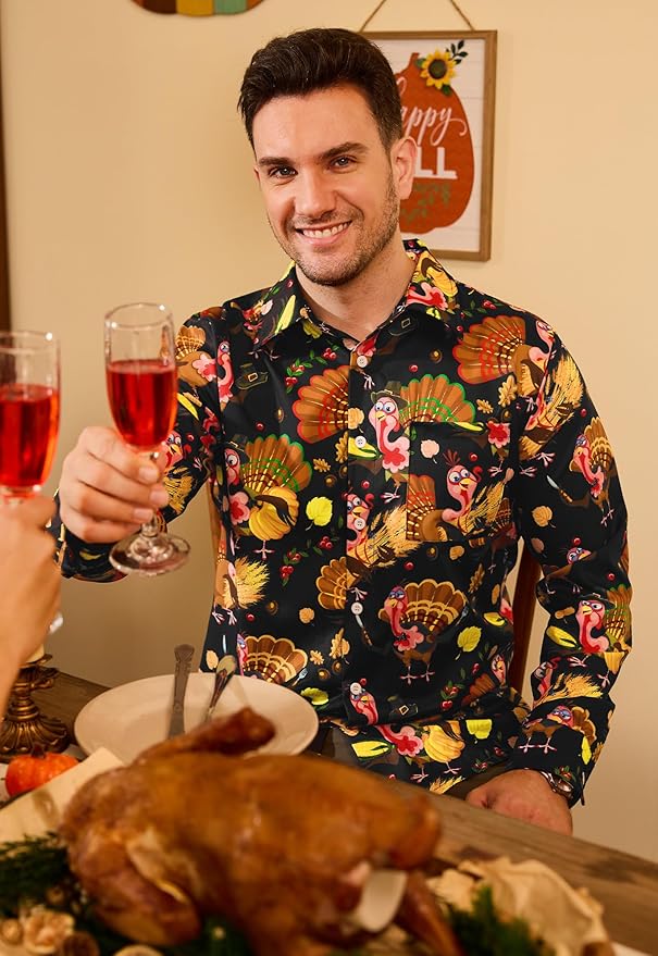 Arvilhill Men's Thanksgiving Long Sleeve Shirt Turkey Pattern Button Down Shirts Family Gathering Fall Festival Wear (S-3XL)