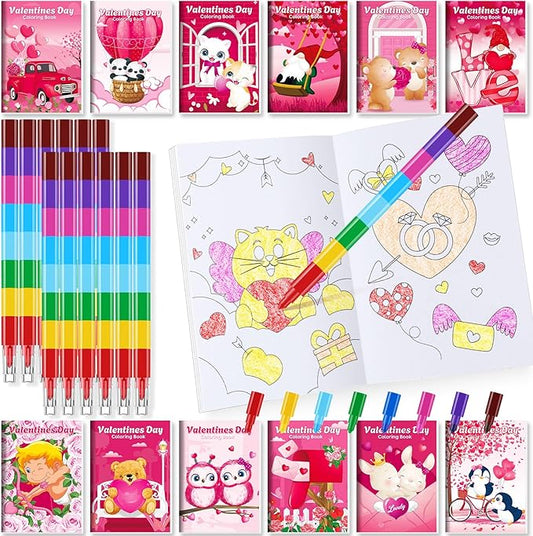 BenLouis 24 Valentines Day Mini Coloring Books Kids with 24 Stacking Crayons Valentines Day School Party Favors Activity Books Bulk for Kids Valentine's Day Goodie Bag Gift Stuffer Classroom Reward
