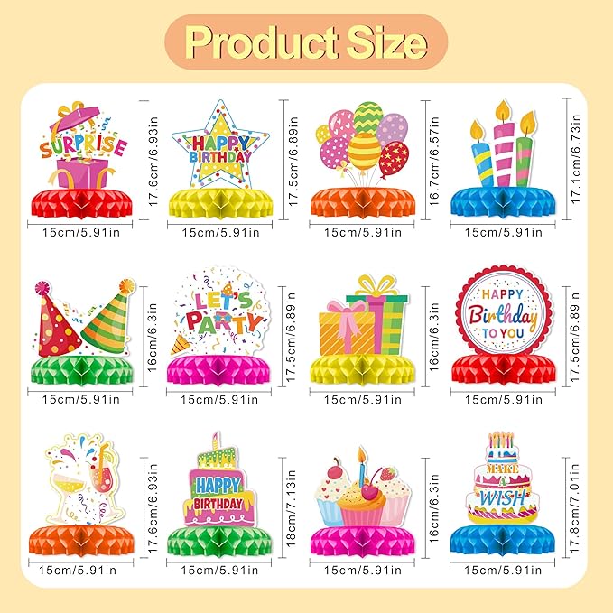 12 Pcs Birthday Table Decorations Colorful Birthday Centerpieces for Tables Happy Birthday Decorations Honeycomb Centerpieces Decor for Kids Happy Birthday Party Supplies
