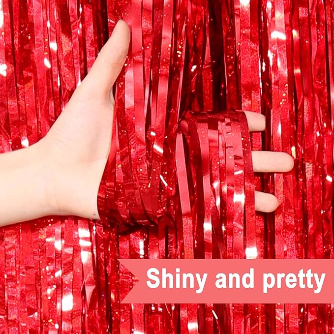 6 Pack Red Foil Fringe Curtains Backdrop, 3.28 x 8.2 Ft Metallic Streamers Tinsel Curtains Background for Photo Booth, Birthday, Christmas, Halloween, Thanksgiving, New Year Party Decorations
