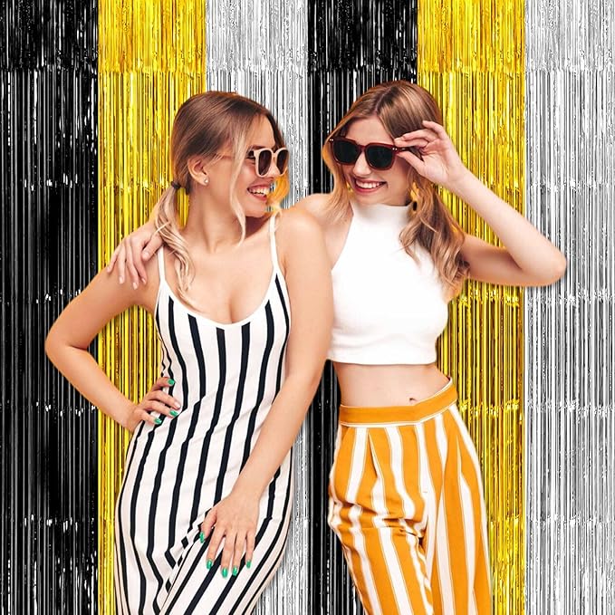 3 Pack Black Gold Silver Foil Fringe Curtains Backdrop, 3.28 x 6.6 Ft Metallic Streamers Tinsel Curtains Background for Photo Booth, Birthday, Halloween, Christmas, New Year Party Decorations