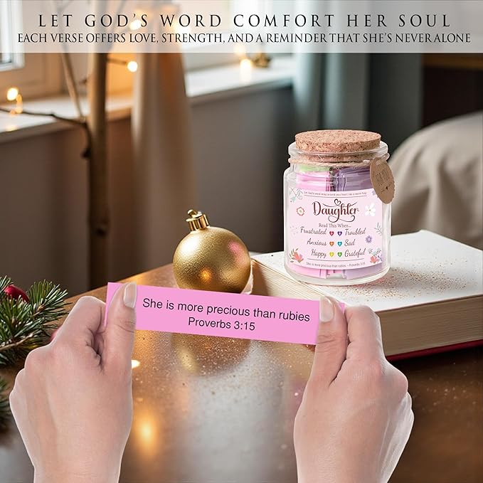 Bible Verse Jar for Daughter – 92 Encouraging Scriptures by Emotion, Christian Gift from Mom or Dad, Inspirational Jar for Teen Girls & Adult Daughter