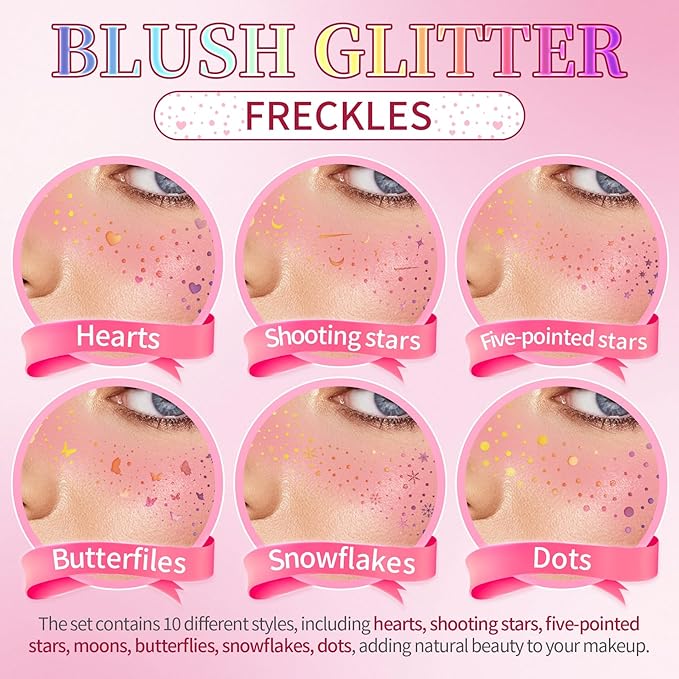 10PCS Glitter Freckles Face Tattoos, 2 in 1 Pink Blush Holographic Face Temporary Tattoos, Long Lasting Waterproof Glitter Makeup Patches for Women