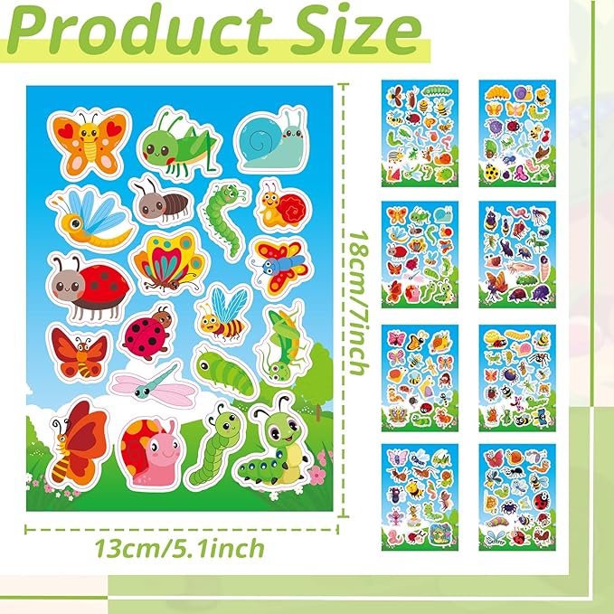 24 Sheets Cute Bug Insect Stickers for Kids, 462 Counts Lovely Insect Stickers Bulk Sheets for Reward Scrapbooking Water Bottles Gifts Bags Cards Envelopes Decor