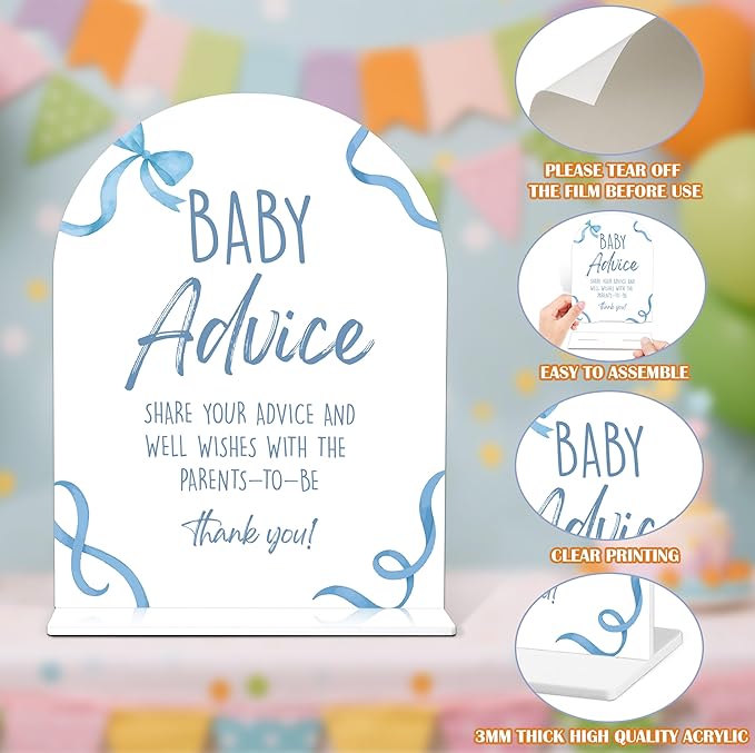 Baby Shower Games - Blue Bow Baby Shower Advice for Parents To Be, 1 Arch Acrylic Sign and 50 Advice Cards, Gender Reveal Game, Blue Baby Shower Decoration Supplies (BN02)