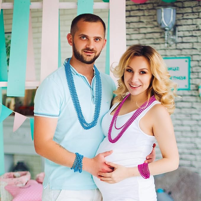 Gender Reveal Beads Decorations, 12PCS Pink Blue Gender Reveal Necklaces, 33" Round Beads Necklace Baby Gender Reveal Ideas, Boy or Girl Gender Reveal Party Accessories Sets Celebrations Decorations