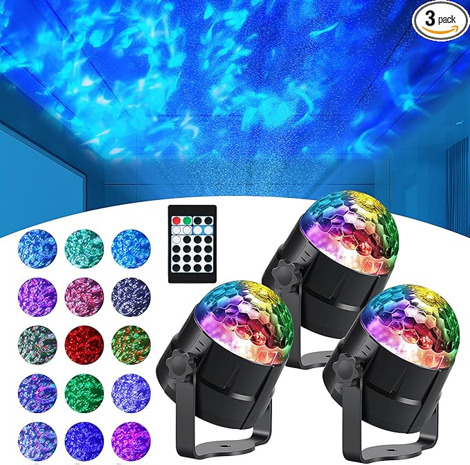 Preboun 3 Pcs Water Light Projector Ocean Wave Light Outdoor Water Effect Night Projector, 15 Colors LED Waterproof with Remote for Halloween Wedding Party Landscape Wall Tree Decoration(Water Wave)