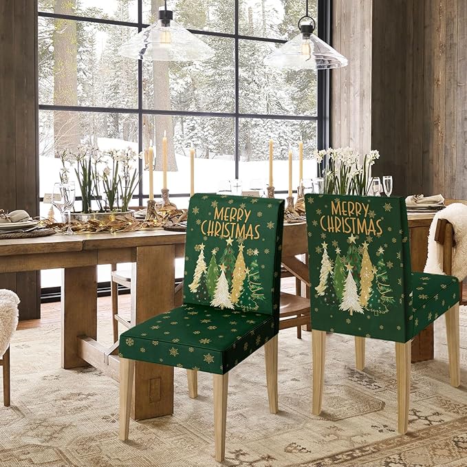 Horaldaily 4PCS Christmas Dining Green Chair Covers, Christmas Pine Tree Stars Stretch Removable Washable Slipcover Chair Protector for Dining Room Home Decor