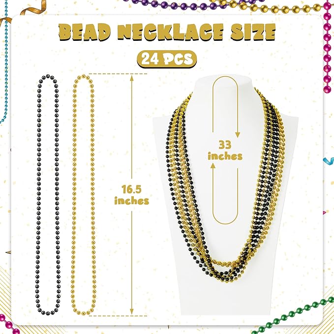 24 PCS Mardi Gras Beads Bulk, Black Gold Party Supplies, 33" New Year Eve Beaded Costume Necklaces for Festive Event Accessories, Beaded Parade Throw for Celebrations Party Favors Carnival