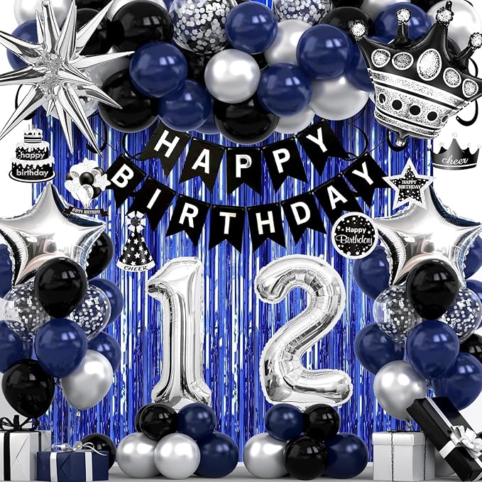 12th Birthday Decorations for Boys and Girls, Black Blue Silver Happy Birthday Number 12 Balloons, Banner, Fringe Curtains Garland Kit - 12 Year Old Party Supplies