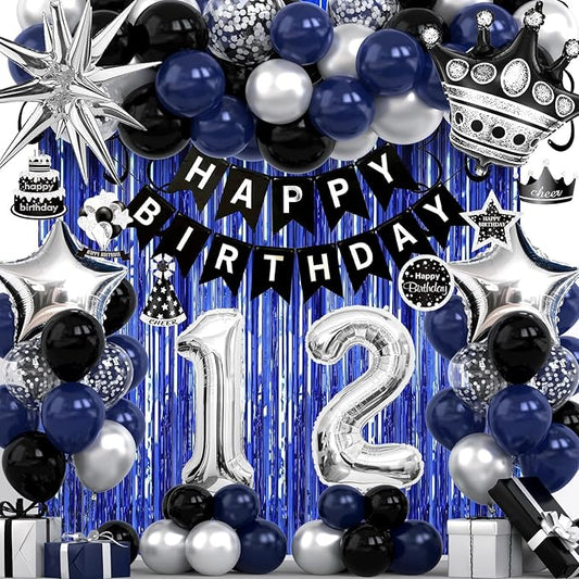12th Birthday Decorations for Boys and Girls, Black Blue Silver Happy Birthday Number 12 Balloons, Banner, Fringe Curtains Garland Kit - 12 Year Old Party Supplies