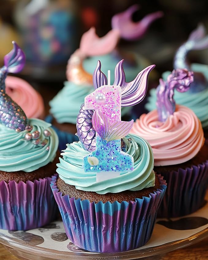 Mermaid Themed Birthday Candles, Number 1 Girls Glitter Birthday Party Supplies,Anniversary Party Decor,2.87 inch Cake Topper Decorations (Mermaid Themed, Number 1)