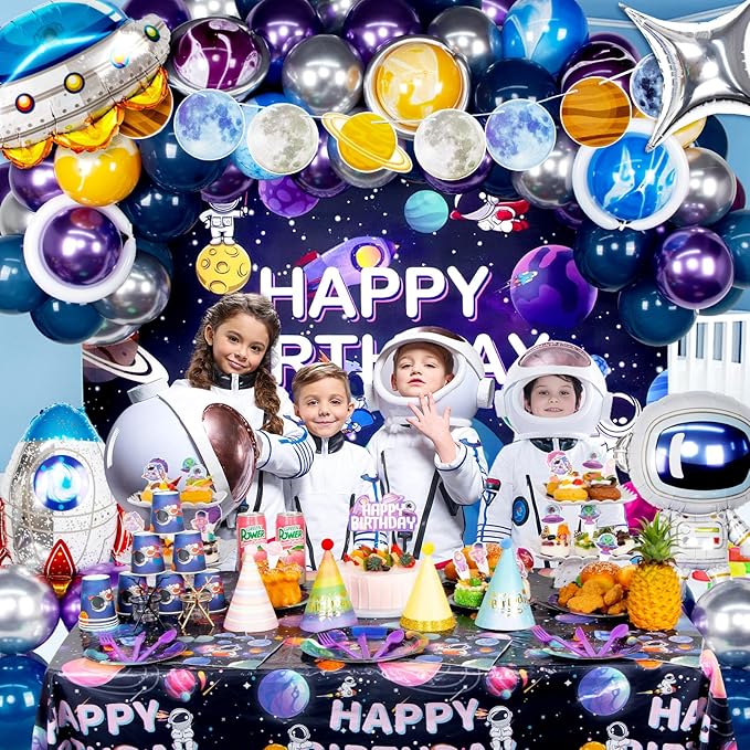 180 PCS Outer Space Birthday Party Decorations, Space Themed Party Decorations Includes Space Balloons, Backdrop, Galaxy Banner, Tablecloth, Plates, Cups, Cake Toppers for Kids Boys