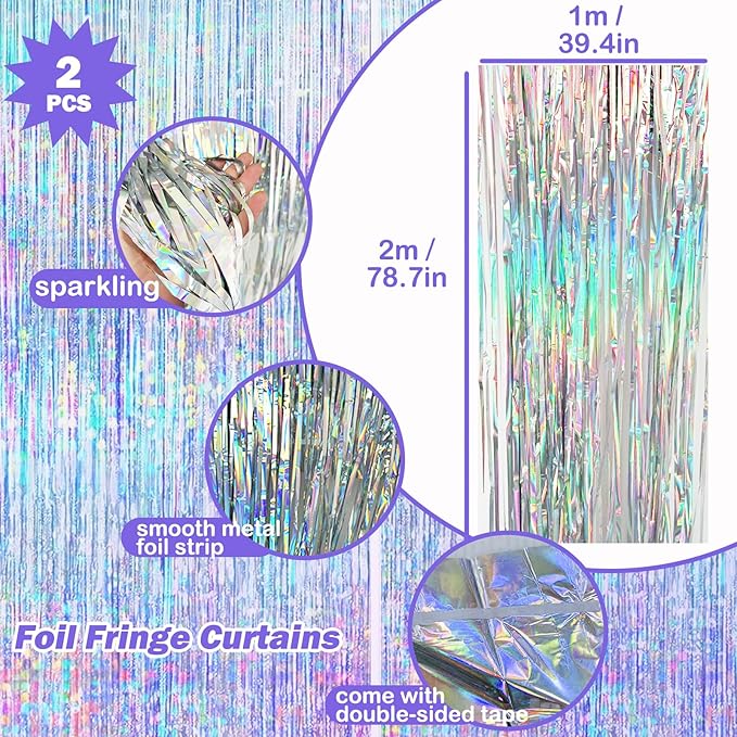 8 PCS Iridescent Disco-Holographic Party Decorations - Love-Heart Garland Streamers Banner, Disposable Laser Tablecloth, Tinsel Foil Fringe Curtains | Birthday, Bachelorette, Engagement, 90s, 80s