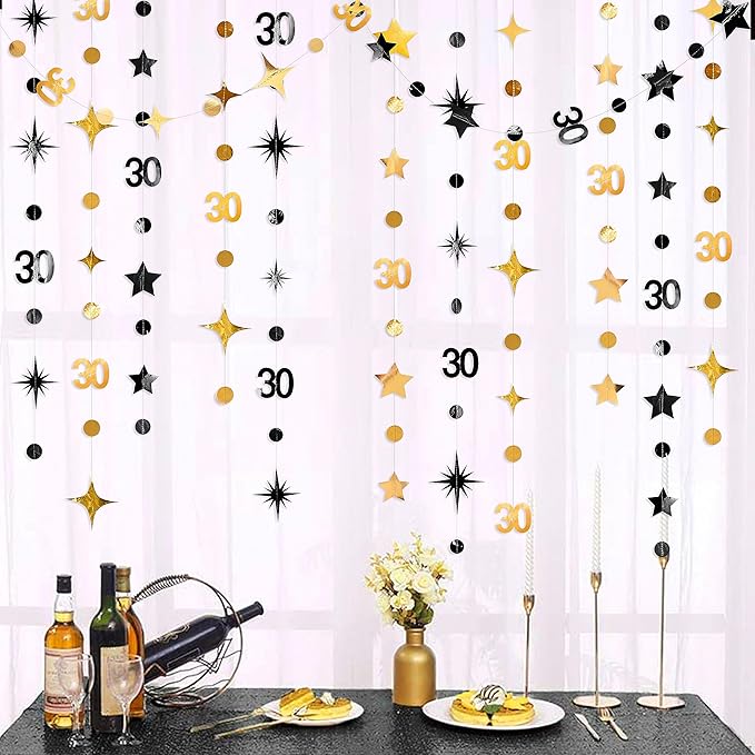 Black Gold 30th Birthday Decorations Number 30 Circle Dot Twinkle Star Garland Metallic Streamer Bunting Banner Backdrop for Mens Womens Happy Dirty 30 Year Old Thirty Anniversary Party Supplies