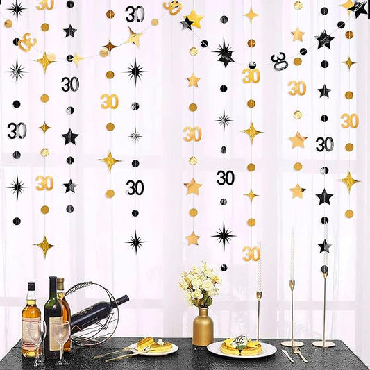 Black Gold 30th Birthday Decorations Number 30 Circle Dot Twinkle Star Garland Metallic Streamer Bunting Banner Backdrop for Mens Womens Happy Dirty 30 Year Old Thirty Anniversary Party Supplies