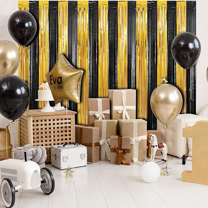 Crosize 3 Pack 3.3 x 9.9 ft Black & Gold Foil Fringe Curtains Party Decorations, Black & Gold Tinsel Curtain Backdrop for Parties, Door Streamers, Glitter Streamer Backdrop for Birthday Decoration