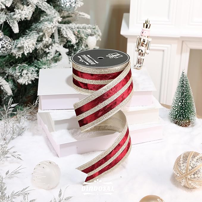Burgundy Velvet Wired Ribbon with Champagne Glitter Stripe 2.5 Inch Crushed Velvet Christmas Ribbon, 10 Yards for Gift Wrapping, Crafts, Christmas Tree Decorations, Wreath Supplies, Garlands