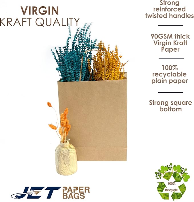 JET PAPER BAGS - 8”x4”x9” Inch [250 Pcs] Brown Paper Bags with Handles Prime for Takeout, Grocery, Goody, Retail, Party, Gifts, Weddings - Recyclable Kraft Paper Gift Bags with Handles