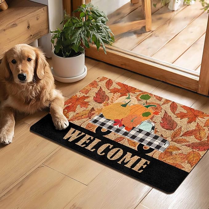 Fall Welcome Maple Leafs Decorative Door Mat, Autumn Thanksgiving Doormat for Indoor Outdoor Entrance Floor Mats,Fall Pumpkins Non Slip Harvest Vintage Decor Rubber Welcome Mats 30" x 18" Inch