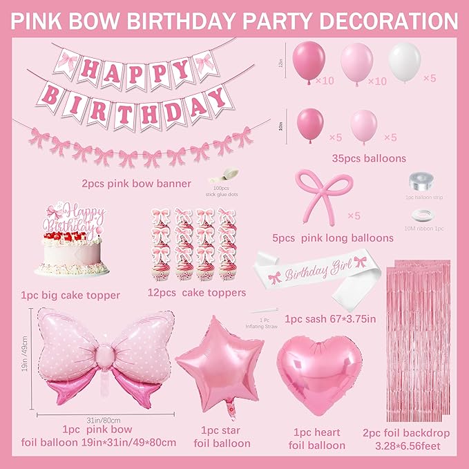 Pink Bow Birthday Party Decorations for women,Fringe Curtains Happy Birthday Banner,Pink balloons,Cake Toppers for girls