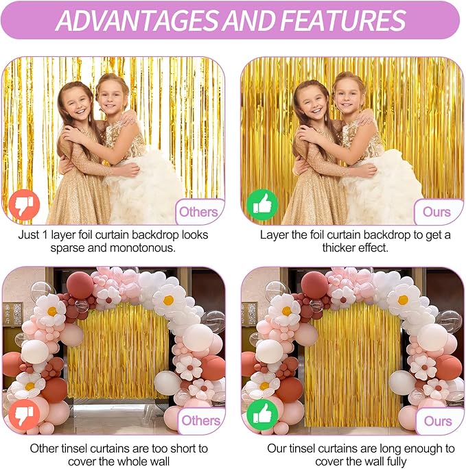 Crosize 5 Pack 3.3 x 9.9 ft Gold Foil Fringe Curtains Party Decorations, Gold Tinsel Curtain Backdrop for Parties, Door Streamers, Glitter Streamer Backdrop for Birthday Decoration