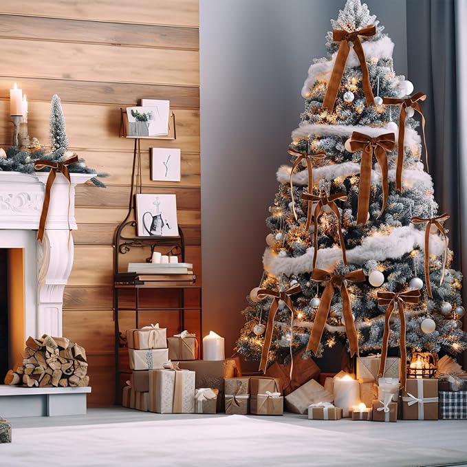 Yilloog 3/8'' 5/8'' 1'' 90 Yards Christmas Velvet Ribbon Vintage Satin Fabric Velvet Ribbon Roll for Christmas Tree Ornaments Decoration Gift Wrapping Bow DIY Crafts (Brown)