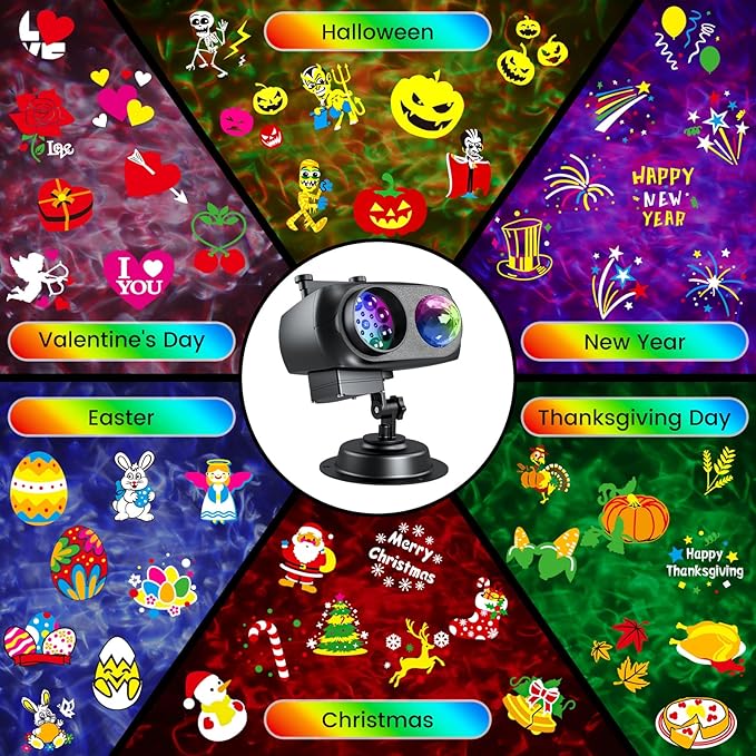 Christmas Halloween Projector Lights Outdoor，LED Projector Lights,2-in-1 Dual Projection System with 10 Slides，15W Brighter HD Ocean Wave Effect,Waterproof for Indoor/Outdoor Decor, Home Party.