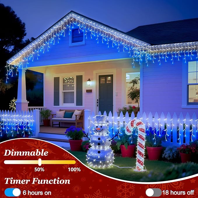 810 LED Christmas Lights Outdoor Indoor, 82ft Blue & White String Lights with 180 Drops, 12 Modes Dimmable Curtain Lights with Timer, Waterproof Twinkle Fairy Lights for Bedroom Window Xmas Decor