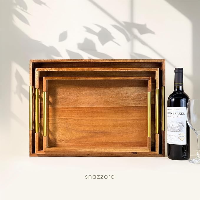 Acacia Wood Serving Tray - Set of 3 with Golden Steel Handles 18", 16" & 14" with 6 Coasters - for Coffee Table, Ottoman in Living Room, Breakfast in Bed, Jewelry, Decorative