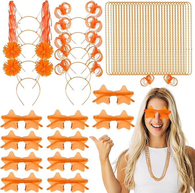 50 Pcs Orange Holiday Team Spirit Party Accessories Pom Pom Party Headbands Star Shape Sunglasses Bead Necklaces Stuff Favors for Birthday Wedding Supplies(Classic)