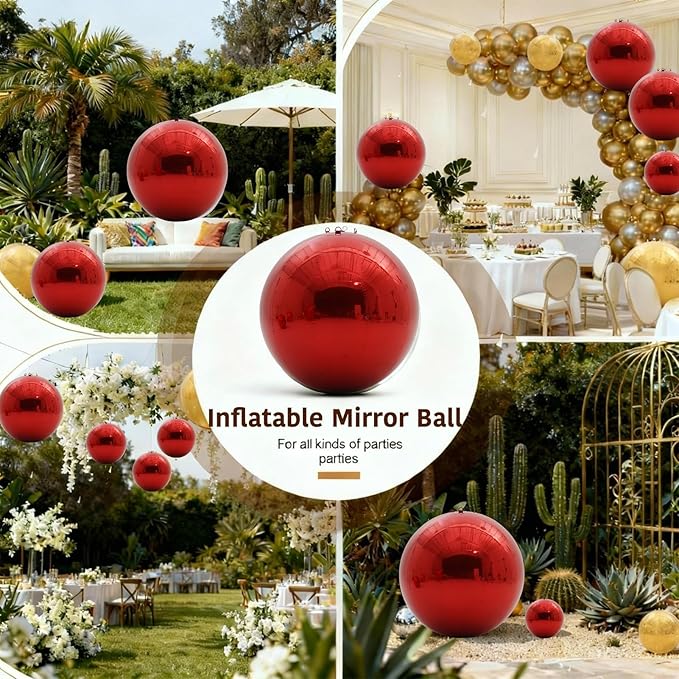 6PCS Red Inflatable Mirror Ball,Big Shiny Balls Inflatable,Reusable PVC Mirror Balls,Large Hanging Balloon Disco Ball with Air Pump for Wedding Event Birthday Party Decor