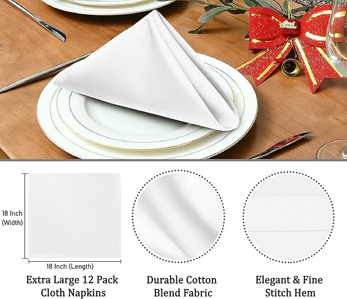 Ruvanti Cloth Napkins set of 12, 18x18 Inches Napkins Cloth Washable, Soft, Durable, Absorbent, Cotton Blend. Table Dinner Napkins Cloth for Hotel, Lunch, Restaurant, Weddings, Events, Parties - White