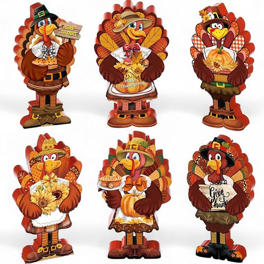 6 Pcs Thanksgiving Turkey Decorations Wooden Turkey Table Centerpieces Fall Tiered Tray Decor Thanksgiving Standing Wooden Block Signs for Home Kitchen Tabletop Shelf Autumn Harvest Party