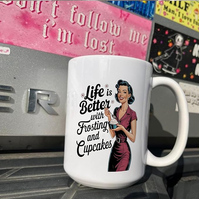 Retro Women Frosting & Cupcakes Sarcastic Coffee Drinking Cup, White Ceramic Mugs, 11oz 15oz