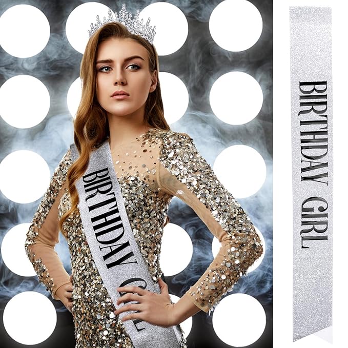 Velscrun Silver Birthday Tiara Crowns for Women Girls Elegant Princess Crown with Combs Birthday Girl Headband Sash Happy Birth Party Decorations Birth Gift Cake Topper Hair Accessories