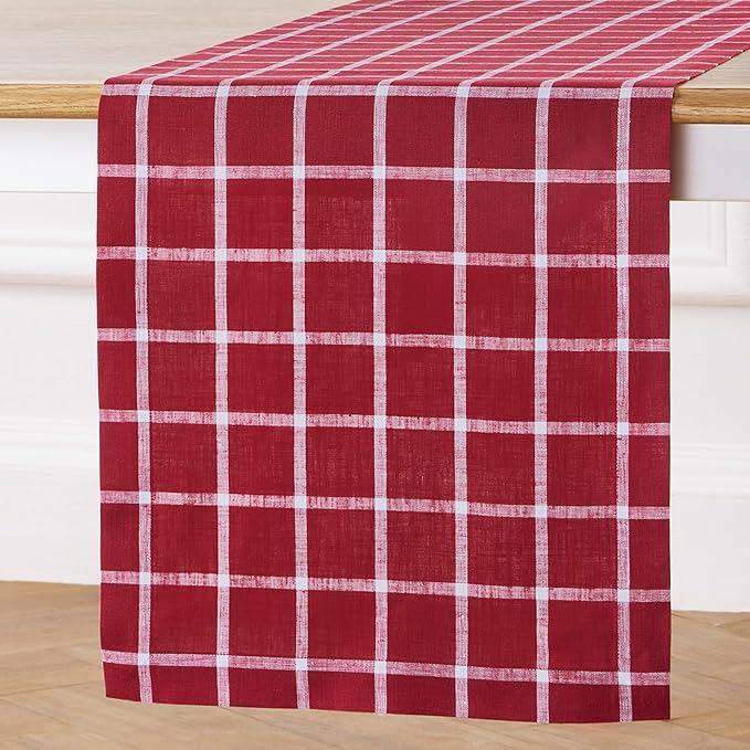Solino Home Linen Plaid Table Runner 48 Inches - 100% Pure Linen Windowpane Red Short Table Runner 14 x 48 Inch Ideal for Dresser and Coffee Tables - Christmas, Xmas