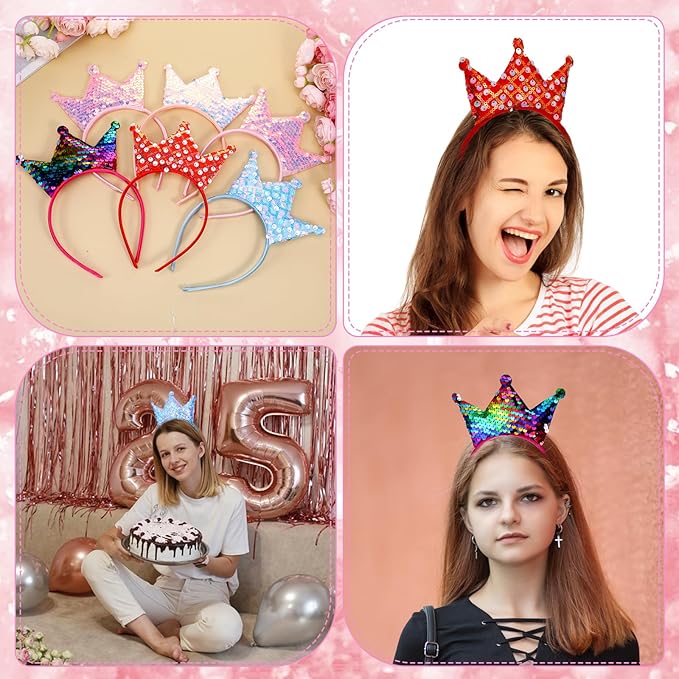 6 PCS Princess Crown Headband,Sequins Crowns Headband,Glitter Headbands Crown Party Favors Glitter Tiara Set for Little Girls & Teens Birthday & Halloween Christmas Party Gifts