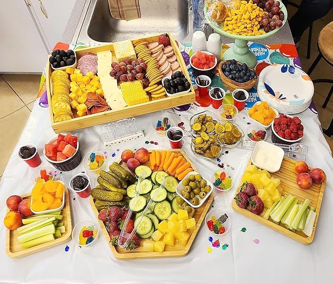 Bamboo Serving Trays Cutting Boards 16.5"x11.8"（42x30cm with Handle, Set Includes 0.63"(1.6cm) Thick Plates Hexagon 12.5"(32cm)+Square 7.8"(20cm)+Circle 7.8"(20cm) for Family Dinner Time