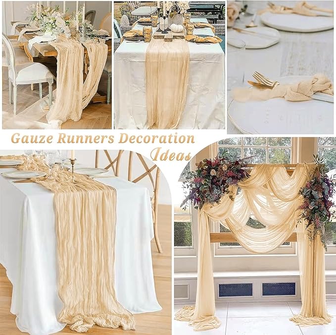 12 Pack Beige Cheesecloth Table Runner, 35x120 Inch Romantic Boho Gauze Table Runner 10ft Rustic Sheer Cheese Cloth Table Decor for Christmas Wedding Baby Shower Birthday Party Table Decoration
