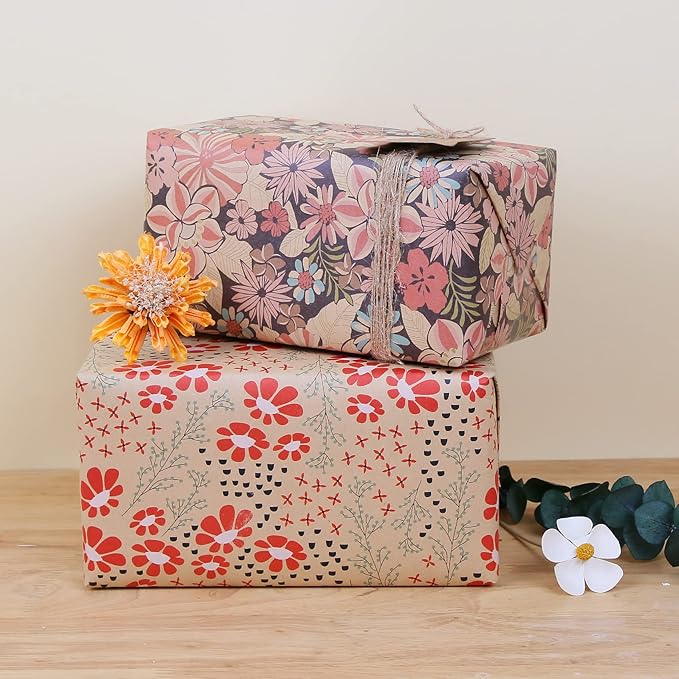 Aimyoo Kraft Floral Wrapping Paper Bundle, Vintage Sunflower Flower Gift Wrap Paper for Wedding Bridal Shower Birthday Rolls of 4, 17 in x 10 ft per Roll