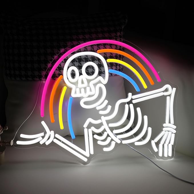 Rainbow Skeleton Halloween Neon Sign Welcoming Skull Led Neon Light Colorful Rainbow Light Up Sign for Halloween Party Christmas Bedroom Man Cave Game Room(16.5 * 12.5in)