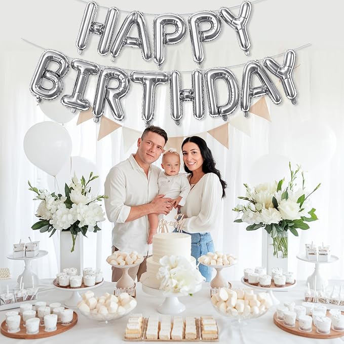 Silver Happy Birthday Banner - 16 Inch Mylar Foil Letters Balloons with Ribbon, Self Inflating Bunting Balloons Banner for Women Men Birthday Party Decorations