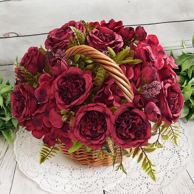 MARTINE MALL 4 Packs Peonies Artificial Flowers, Burgundy Artificial Peonies, Silk Peonies Flowers Fake Peonies Artificial Flowers Peonies Bouquet for Halloween Centerpiece Table Wedding Home Decor