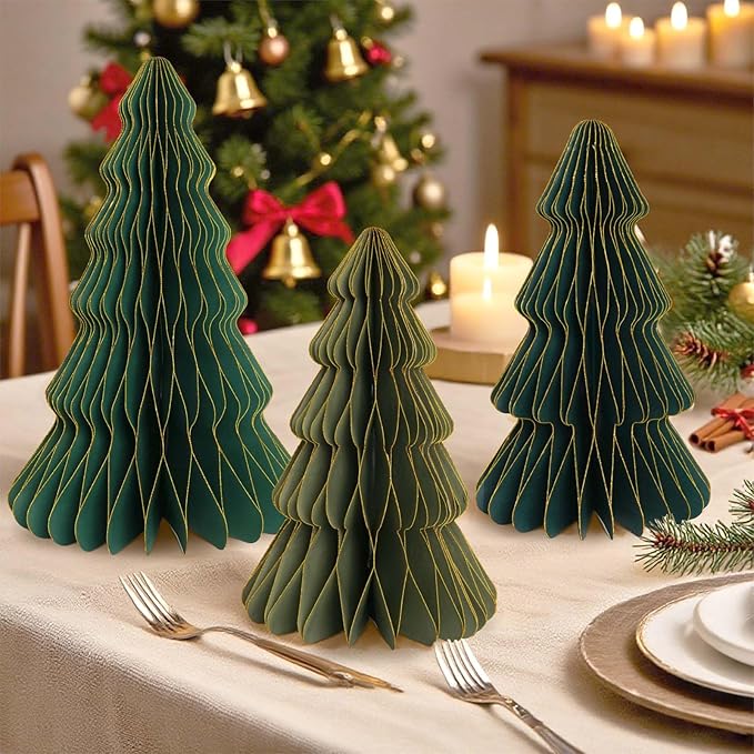 5Pcs Christmas Honeycomb Table Decorations Indoor, Lighted 3D Honeycomb Paper Christmas Trees, Vintage Green Table Centerpieces for Xmas Frozen Winter Holiday Party Home Decor, 8/10/12 Inch